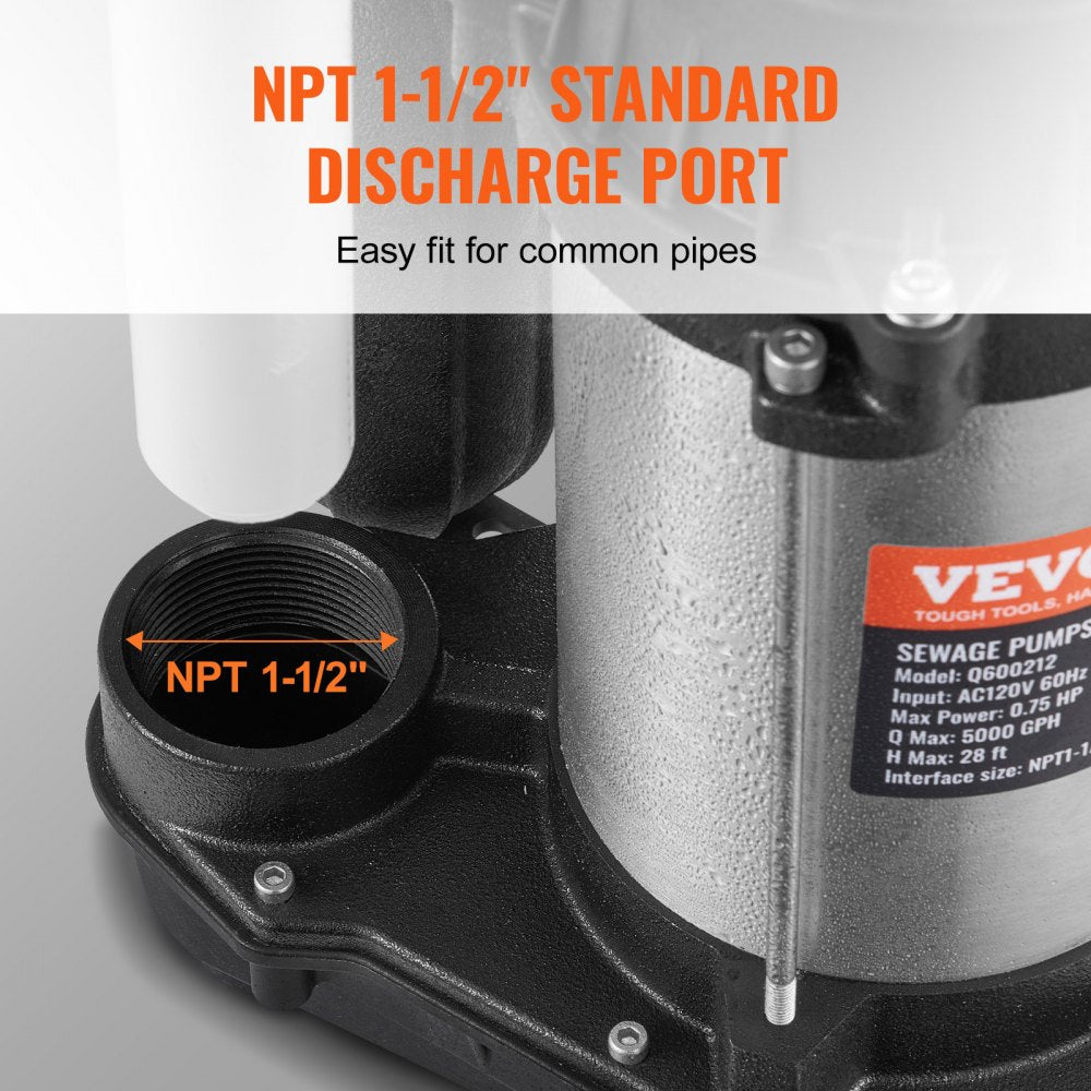 Q600212 - Powerful 0.75HP VEVOR Sewage Pump, 5000GPH, 28ft Lift