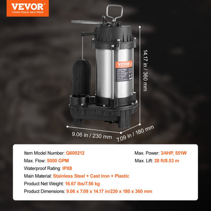 Q600212 - Powerful 0.75HP VEVOR Sewage Pump, 5000GPH, 28ft Lift