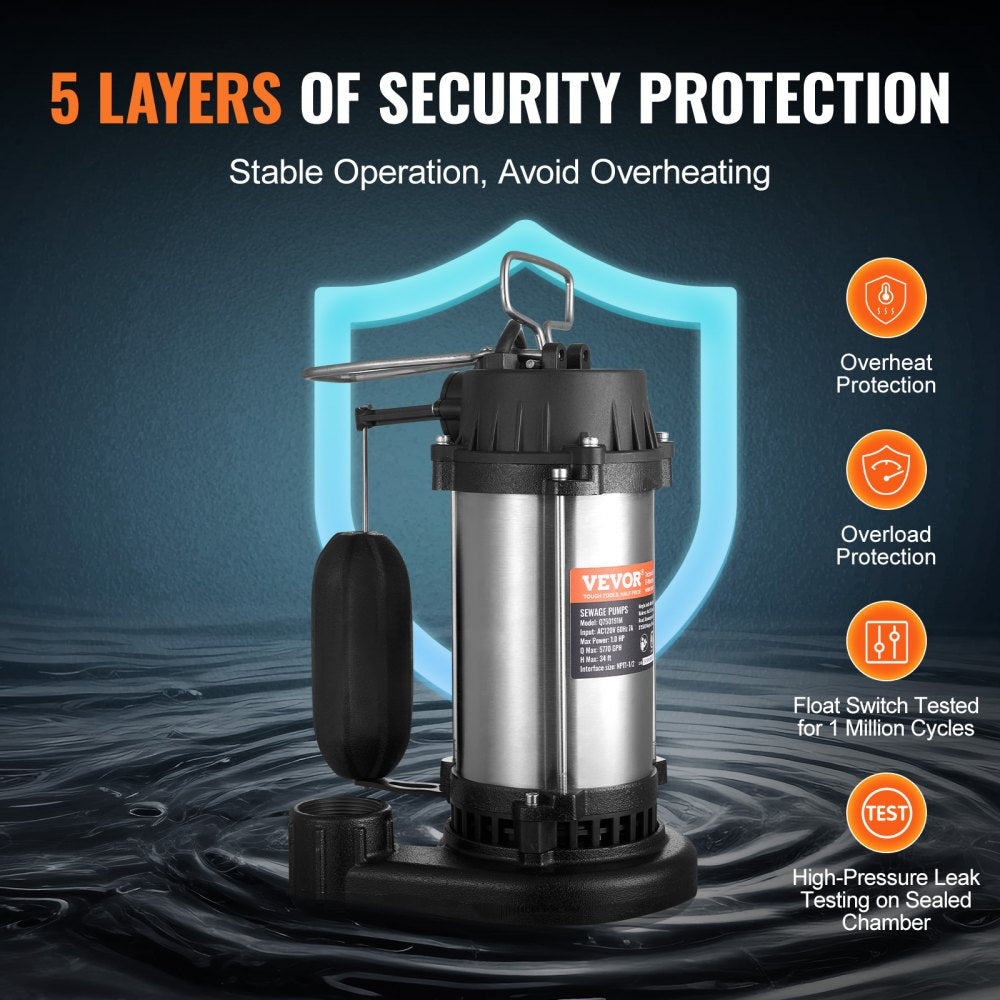 Q750191M - 1HP Submersible Sewage Pump with 34 ft Lift and 5770 GPH Flow