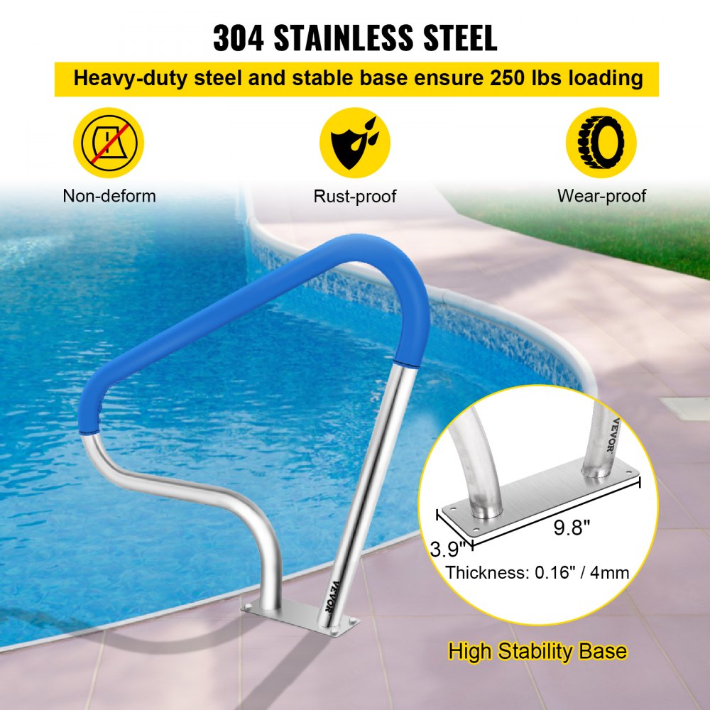 010941305183 - 39"L Stainless Steel Pool Handrail with Blue Grip Cover