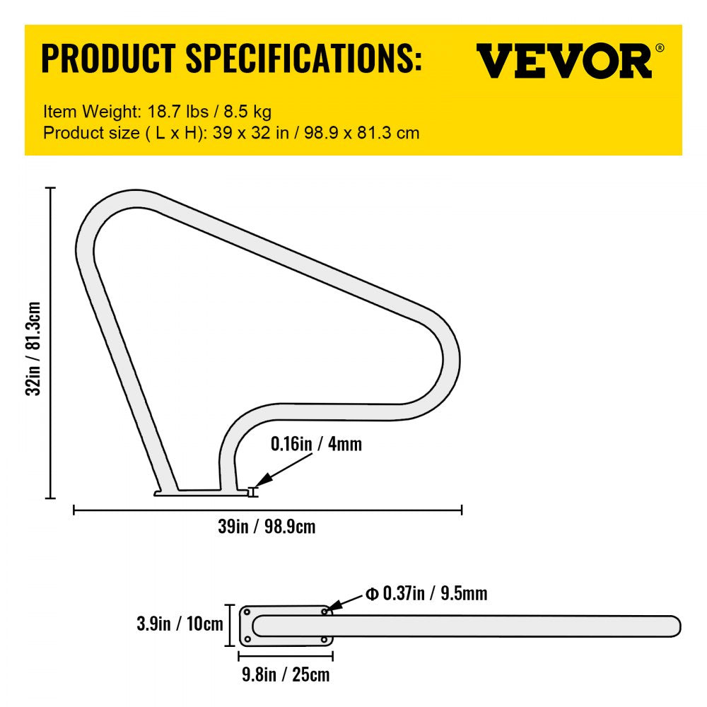 010941305183 - 39"L Stainless Steel Pool Handrail with Blue Grip Cover