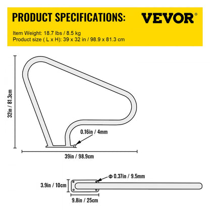 010941305183 - 39"L Stainless Steel Pool Handrail with Blue Grip Cover