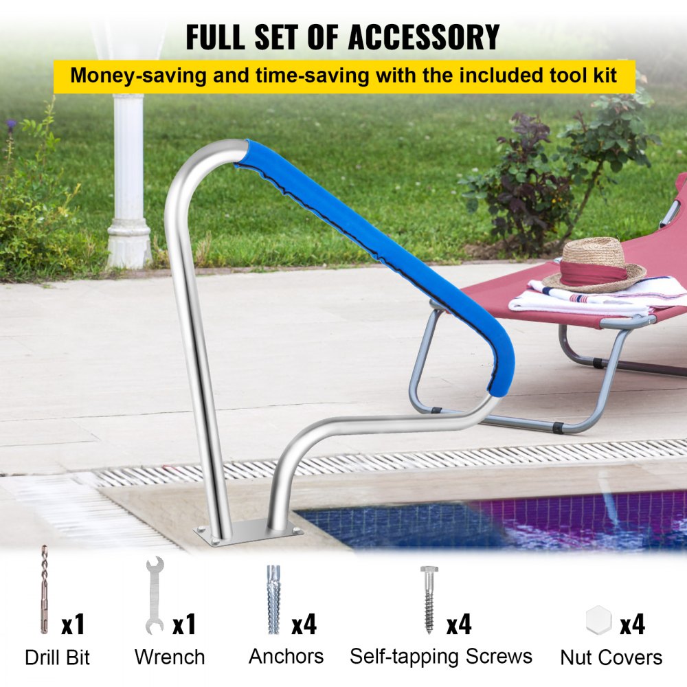 010932079912 - Durable 4ft Stainless Steel Pool Handrail with Blue Grip