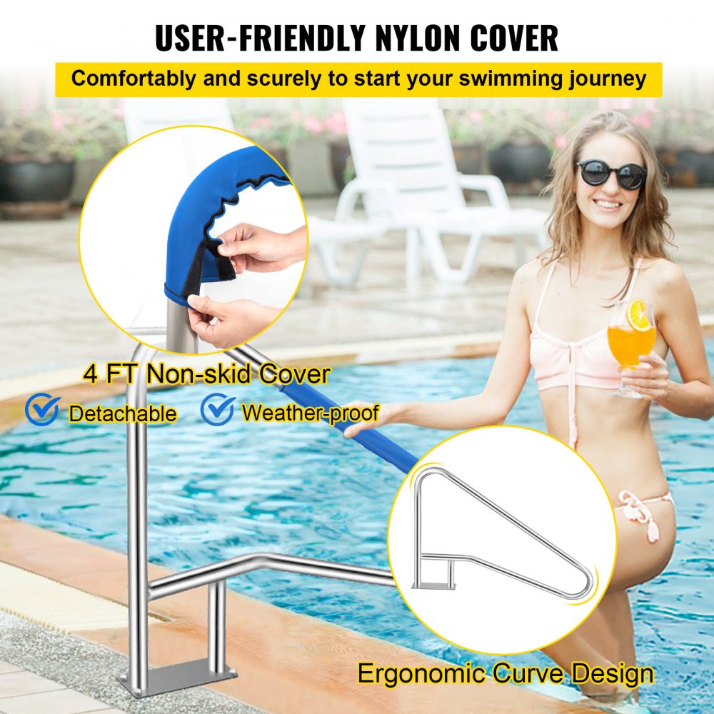 010566673663 - 54” Stainless Steel Pool Handrail with Skid-Proof Grip Cover