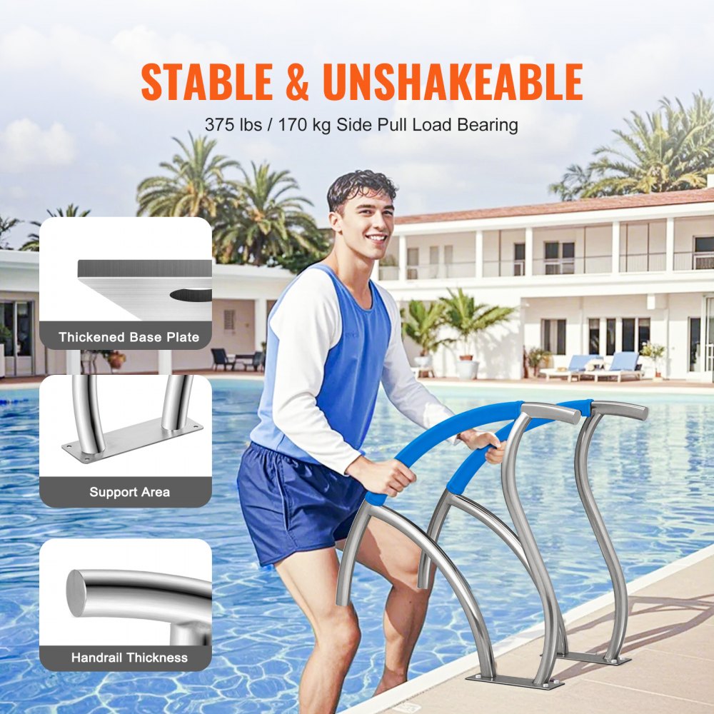 B-3030-D - Stainless Steel Pool Handrail with Non-Slip Grips