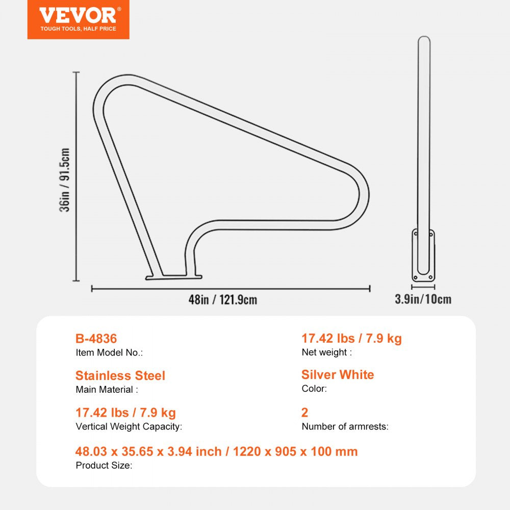 B-4836 - Premium Stainless Steel Pool Handrail with Non-Slip Grips