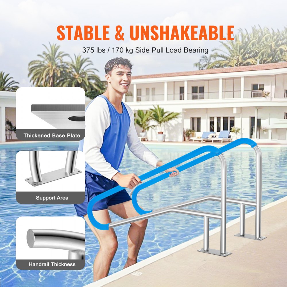 B-5532-D - Durable Stainless Steel Pool Handrail with Non-Slip Grips