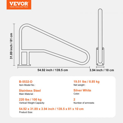 B-5532-D - Durable Stainless Steel Pool Handrail with Non-Slip Grips