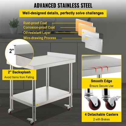VV-SSWT-BJL-1524 - Durable Stainless Steel Prep Table with Adjustable Undershelf