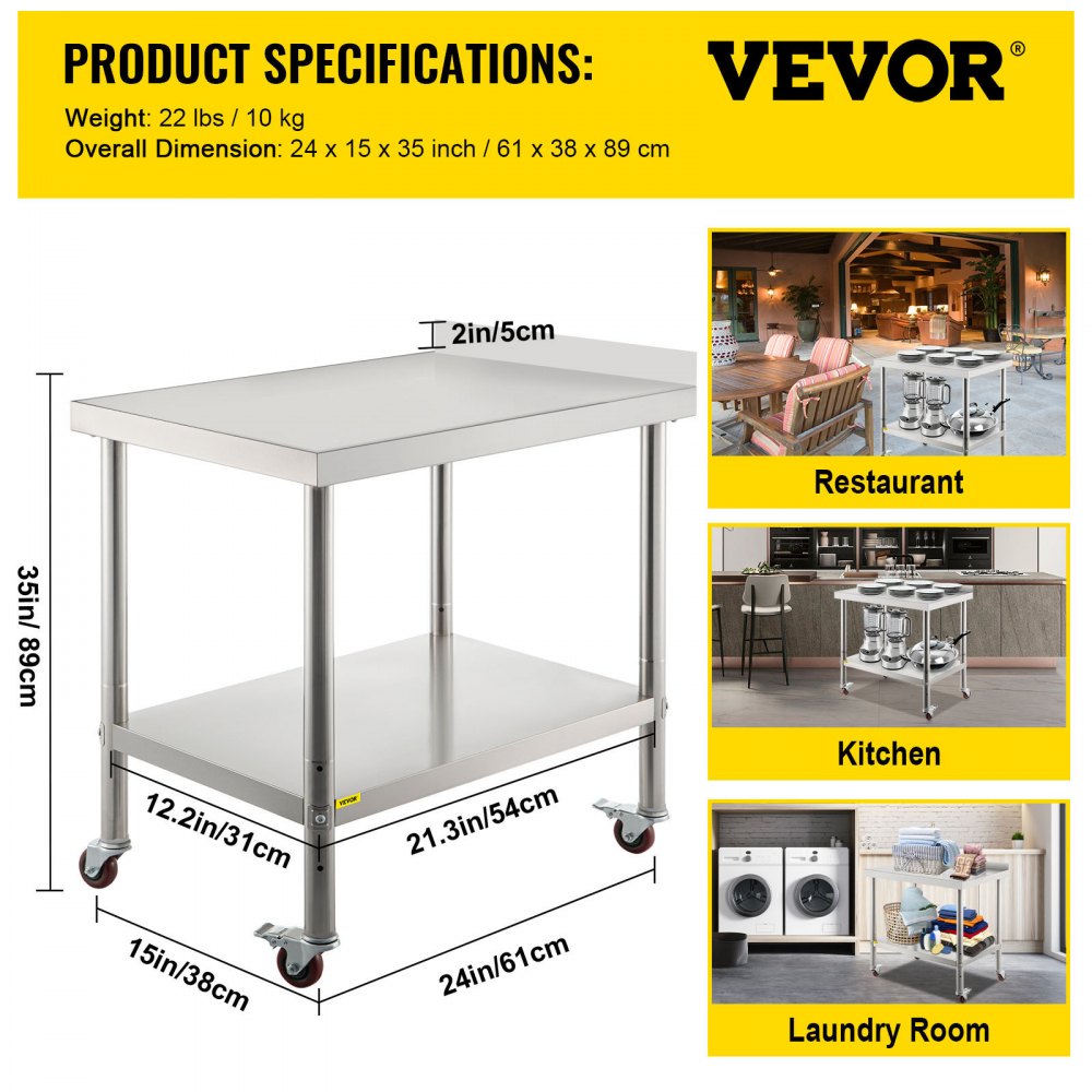 VV-SSWT-BJL-1524 - Durable Stainless Steel Prep Table with Adjustable Undershelf
