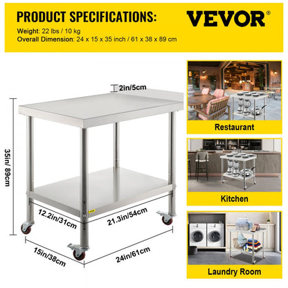 VV-SSWT-BJL-1524 - Durable Stainless Steel Prep Table with Adjustable Undershelf