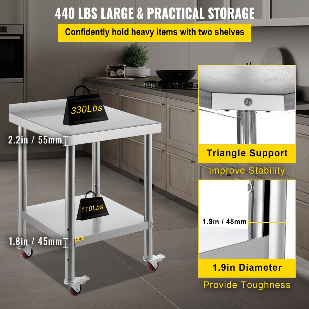 VV-SSWT-BJL-2424 - Heavy-Duty Stainless Steel Prep Table with 440lbs Capacity