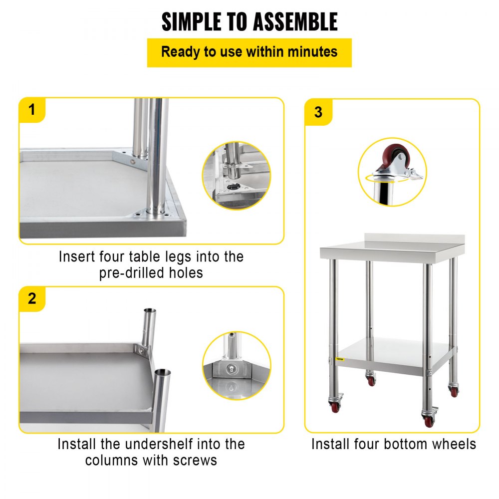 VV-SSWT-BJL-2424 - Heavy-Duty Stainless Steel Prep Table with 440lbs Capacity