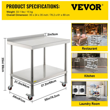 VV-SSWT-BJL-2430 - 440lb Capacity Stainless Steel Prep Table with Backsplash & Casters