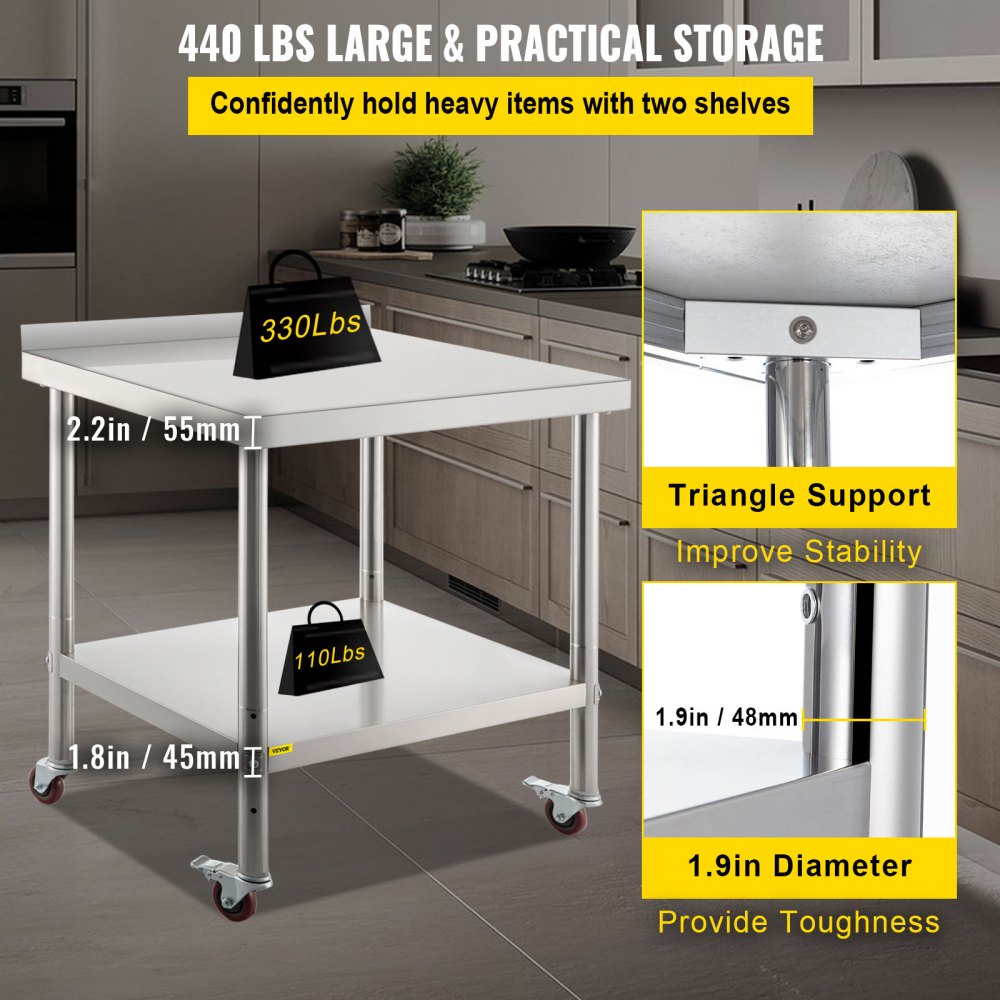 VV-SSWT-BJL-2436 - Heavy-Duty Stainless Steel Prep Table with Backsplash & Casters