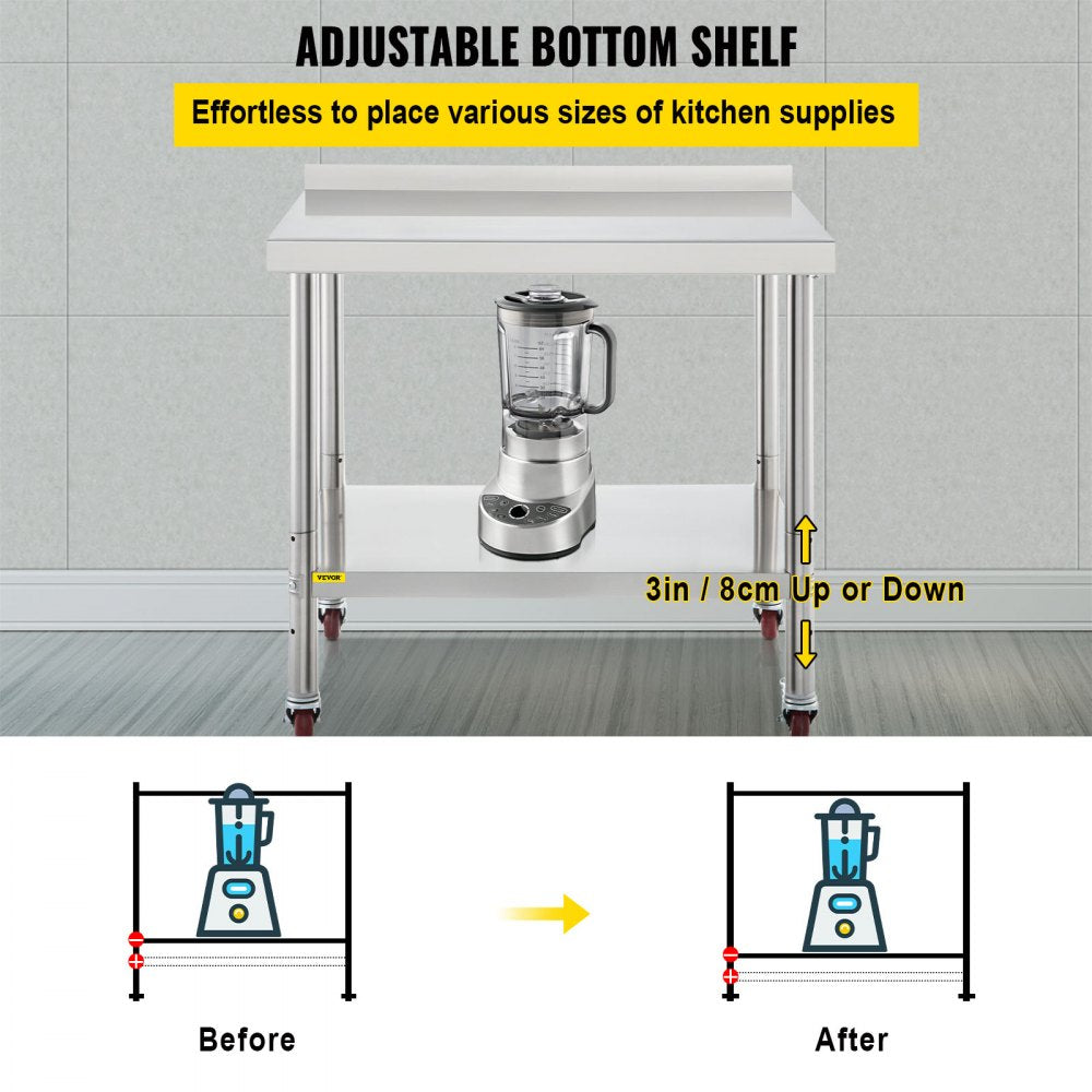 VV-SSWT-BJL-2436 - Heavy-Duty Stainless Steel Prep Table with Backsplash & Casters