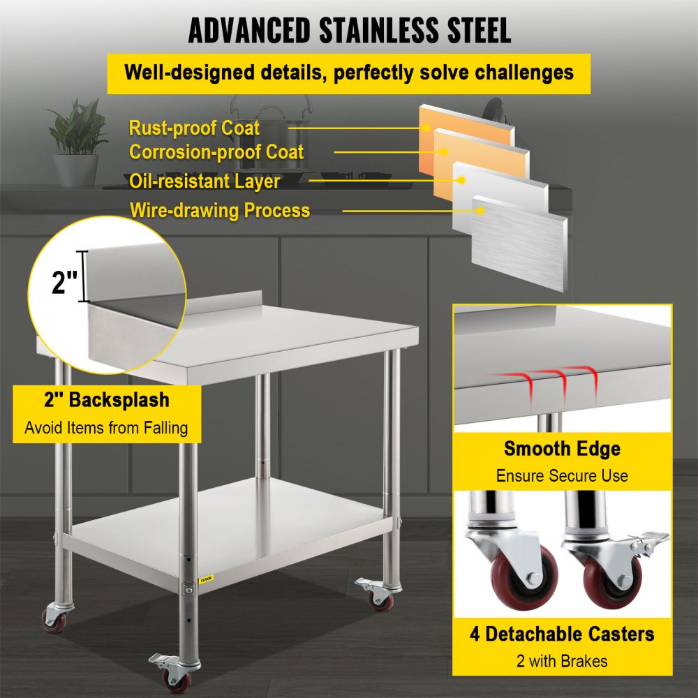 VV-SSWT-BJL-2436 - Heavy-Duty Stainless Steel Prep Table with Backsplash & Casters