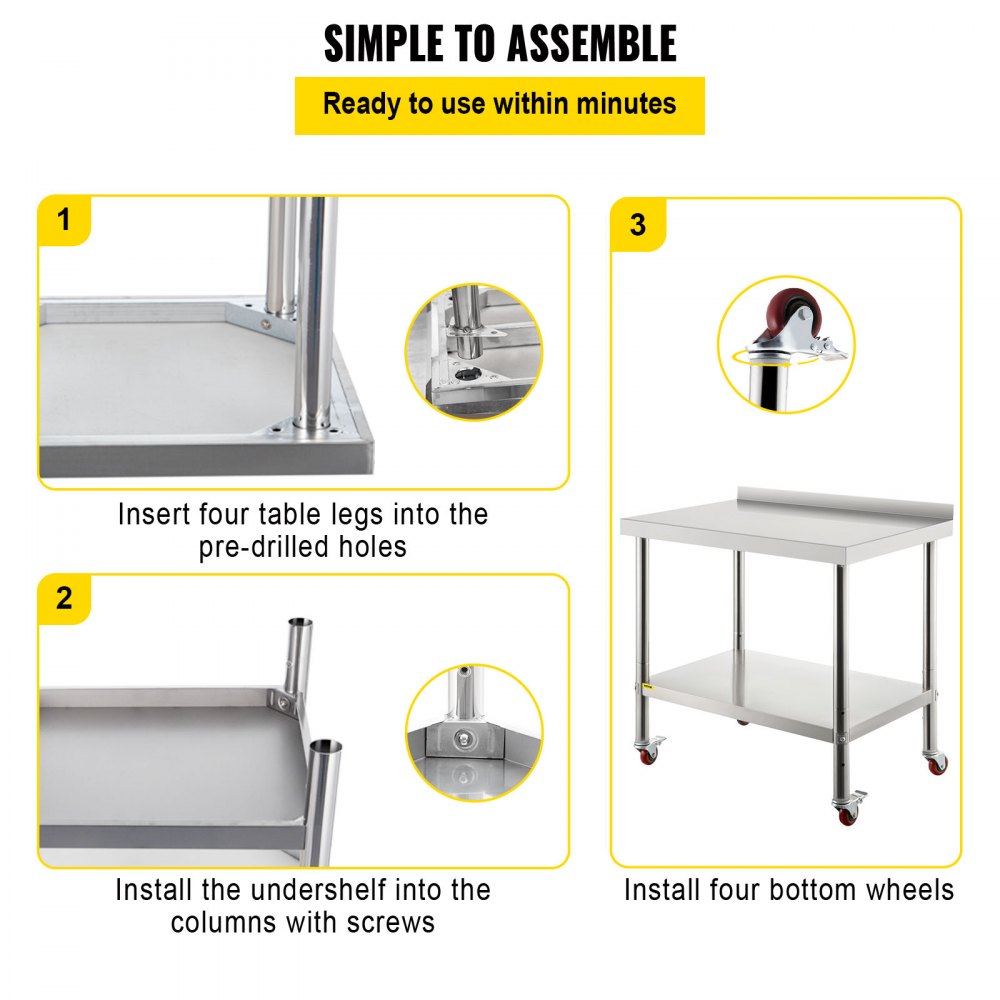 VV-SSWT-BJL-2436 - Heavy-Duty Stainless Steel Prep Table with Backsplash & Casters