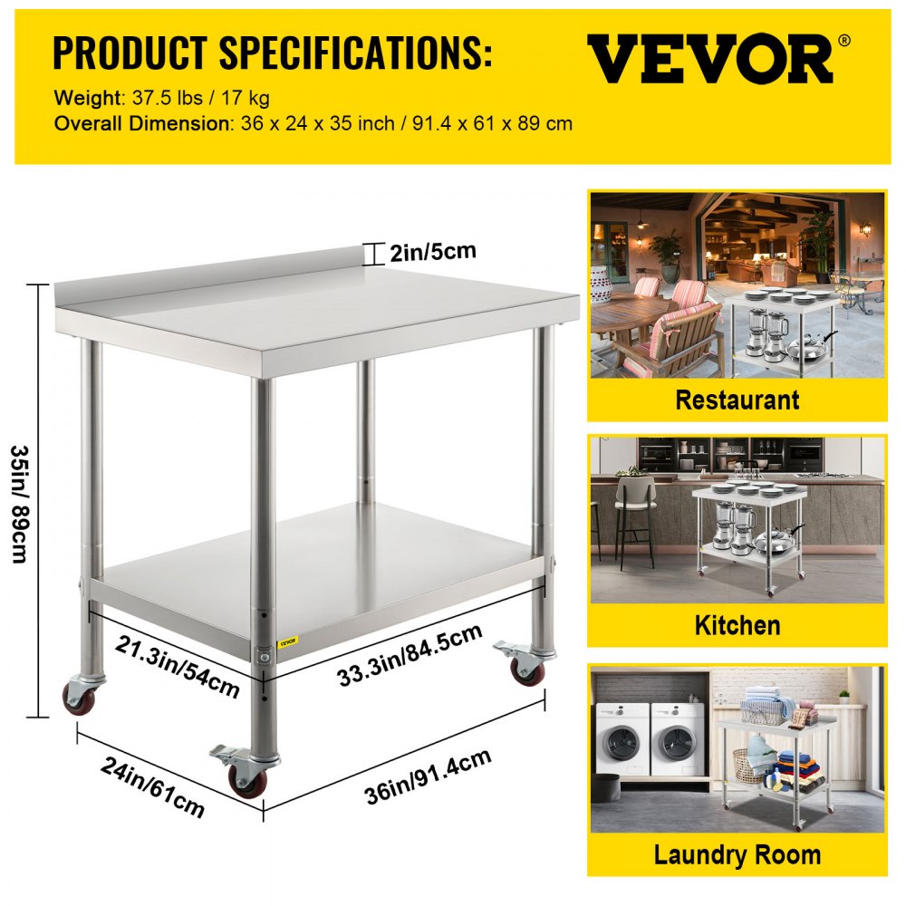 VV-SSWT-BJL-2436 - Heavy-Duty Stainless Steel Prep Table with Backsplash & Casters