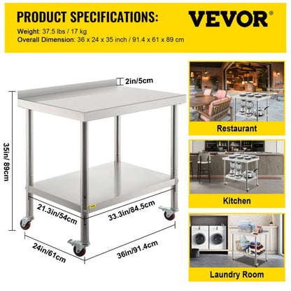 VV-SSWT-BJL-2436 - Heavy-Duty Stainless Steel Prep Table with Backsplash & Casters