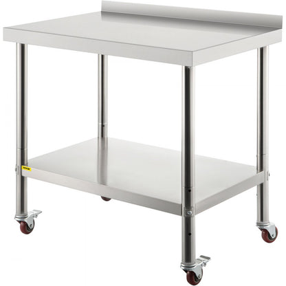VV-SSWT-BJL-2436 - Heavy-Duty Stainless Steel Prep Table with Backsplash & Casters