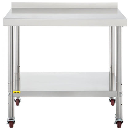 VV-SSWT-BJL-2436 - Heavy-Duty Stainless Steel Prep Table with Backsplash & Casters