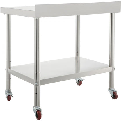 VV-SSWT-BJL-2436 - Heavy-Duty Stainless Steel Prep Table with Backsplash & Casters
