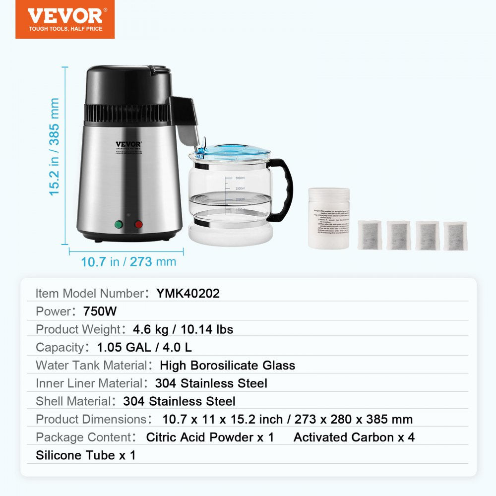 YMK40202 - 4L Stainless Steel Countertop Water Distiller, 750W Purifier
