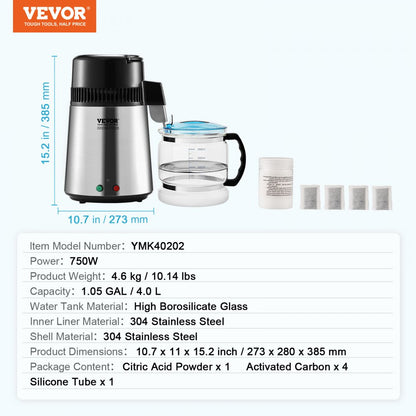 YMK40202 - 4L Stainless Steel Countertop Water Distiller, 750W Purifier
