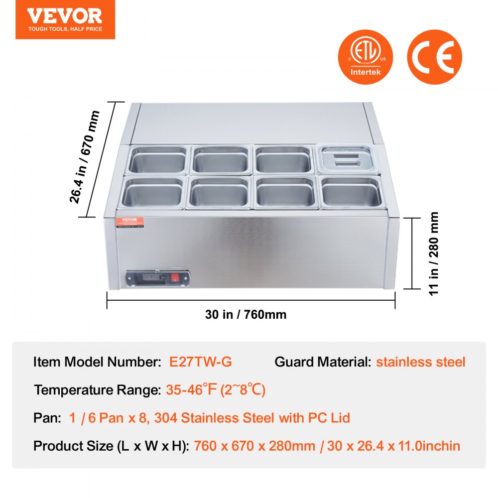 E27TW-G - Compact Refrigerated Prep Station with 8 Pans, 35-46°F