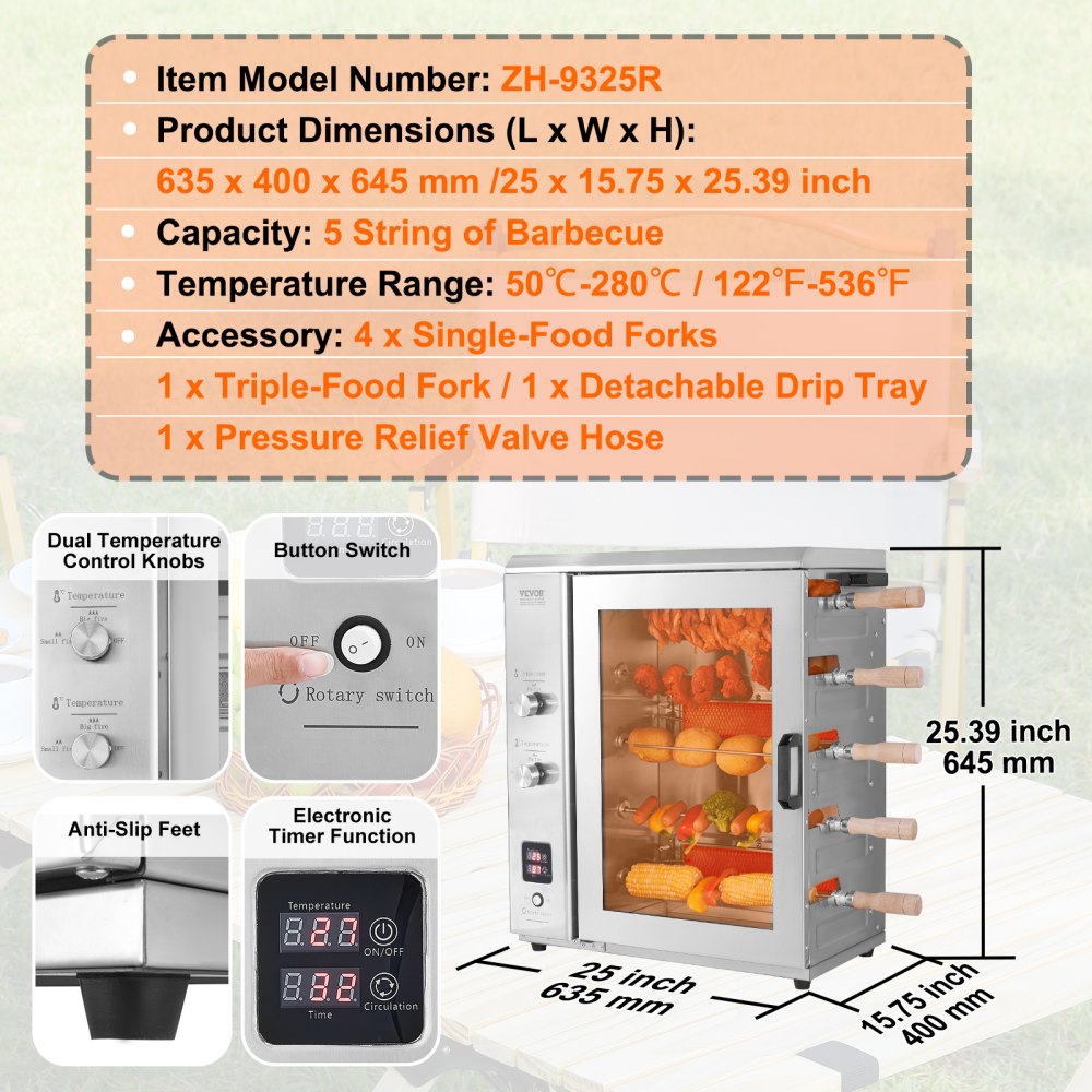 ZH-9325R - 5-String Stainless Steel Shawarma Grill with Dual Ceramic Burners