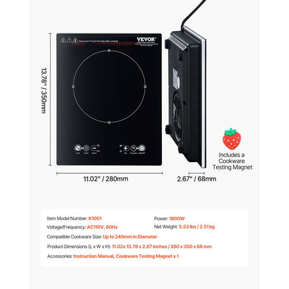 K1001 - 1800W Portable Induction Cooktop with Touch Controls