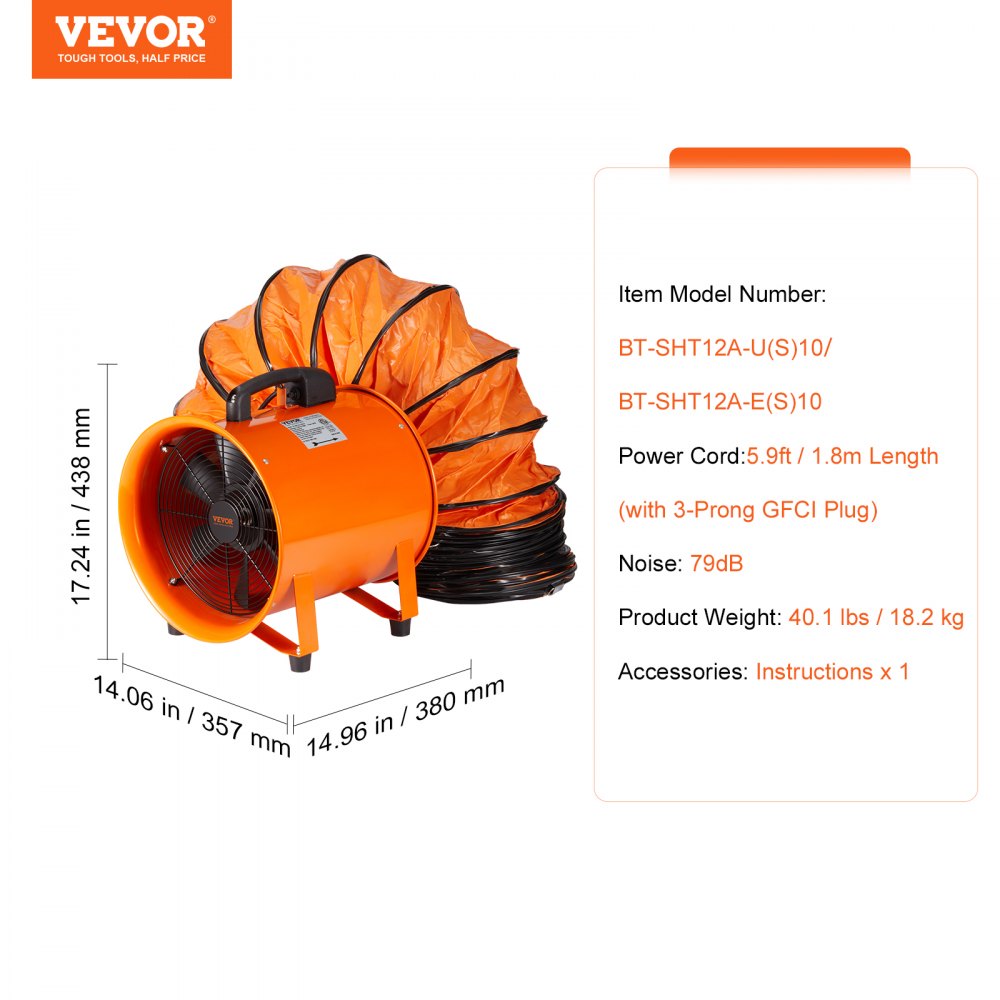 BT-SHT12A-U(S)10 - 12" VEVOR Portable Ventilator with 33ft Duct Hose