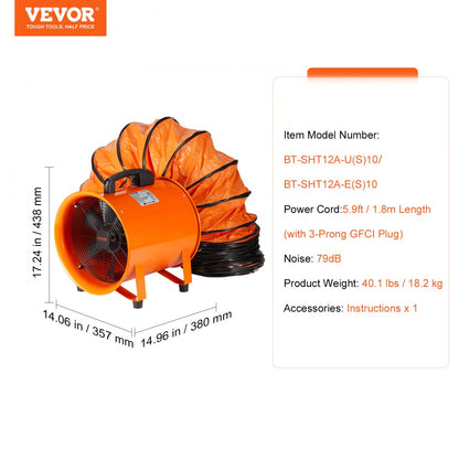 BT-SHT12A-U(S)10 - 12" VEVOR Portable Ventilator with 33ft Duct Hose