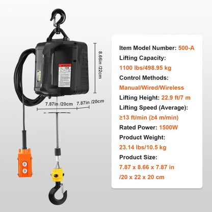 500-A - 1100lbs VEVOR Electric Hoist with 200ft Wireless Remote