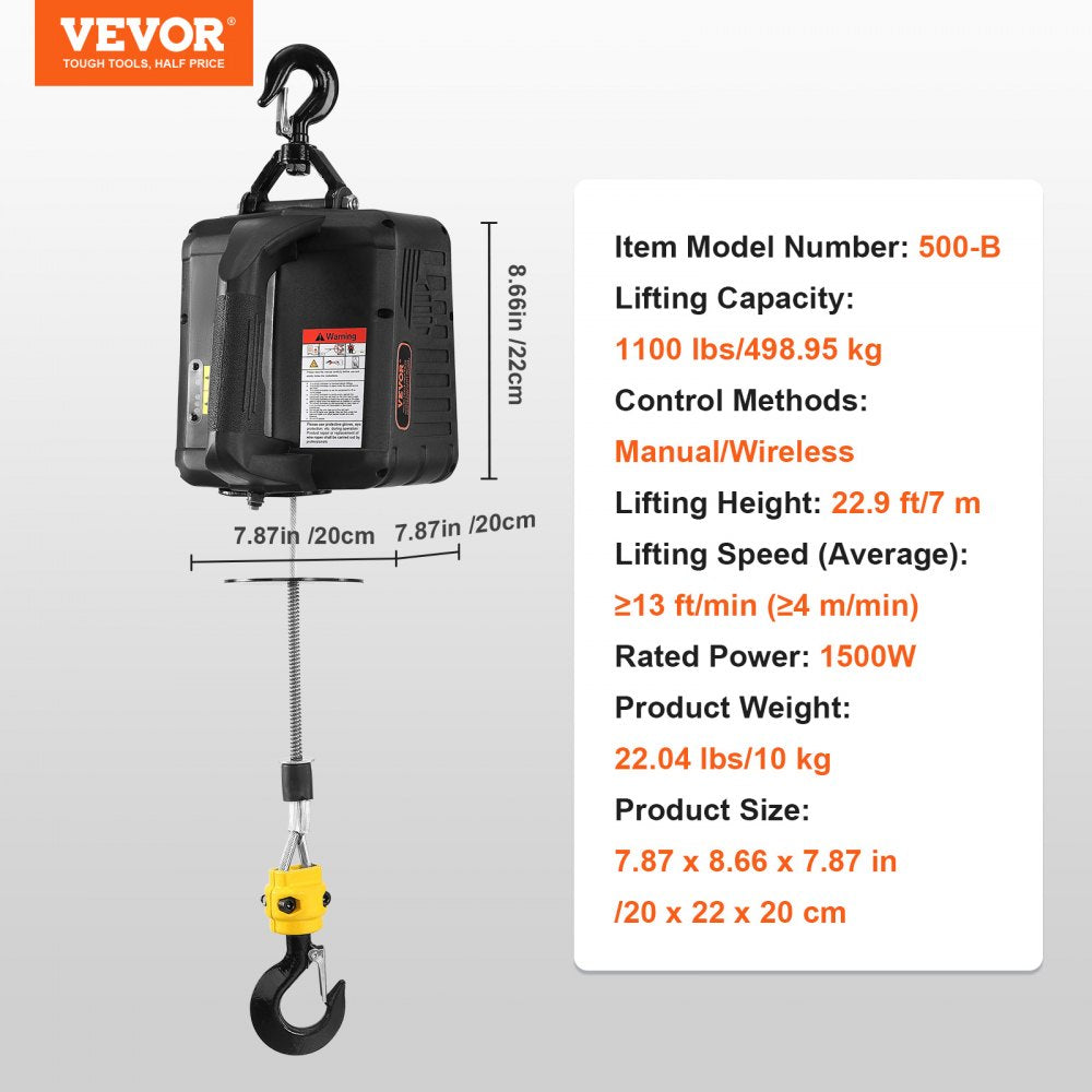 500-B - VEVOR 1100 lbs Wireless Electric Hoist Crane, 22.9 ft Lift Height