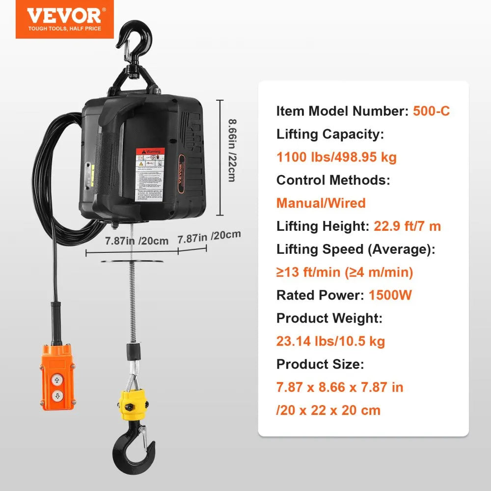 500-C - VEVOR 1100 lbs Electric Hoist Winch with 19ft Remote Control