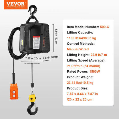 500-C - VEVOR 1100 lbs Electric Hoist Winch with 19ft Remote Control