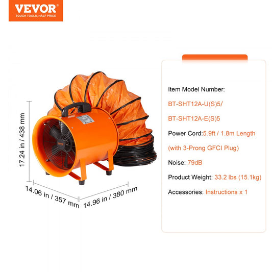 BT-SHT12A-U(S)5 - 12" VEVOR Ventilator with 585W Motor & Duct Hose