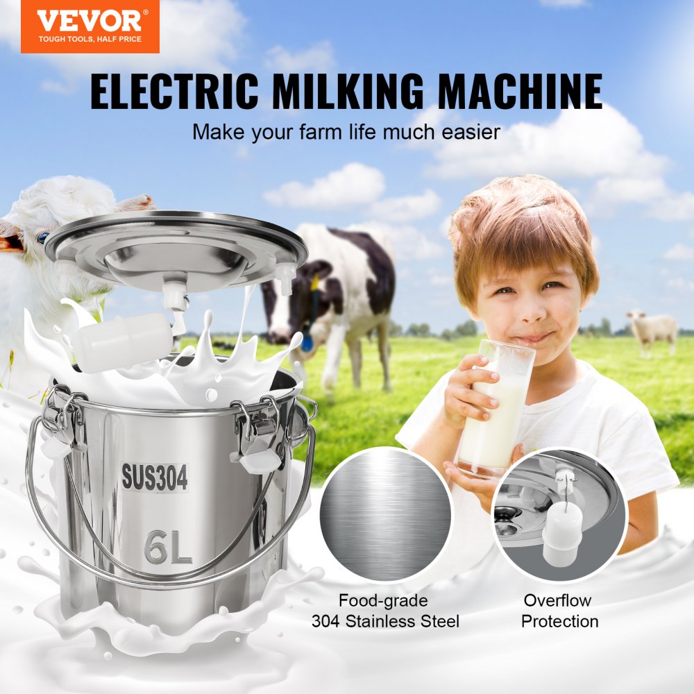 9JWD-6 - 6L VEVOR Stainless Steel Goat Milking Machine with Vacuum Pump
