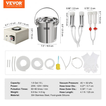 9JWD-6 - 6L VEVOR Stainless Steel Goat Milking Machine with Vacuum Pump