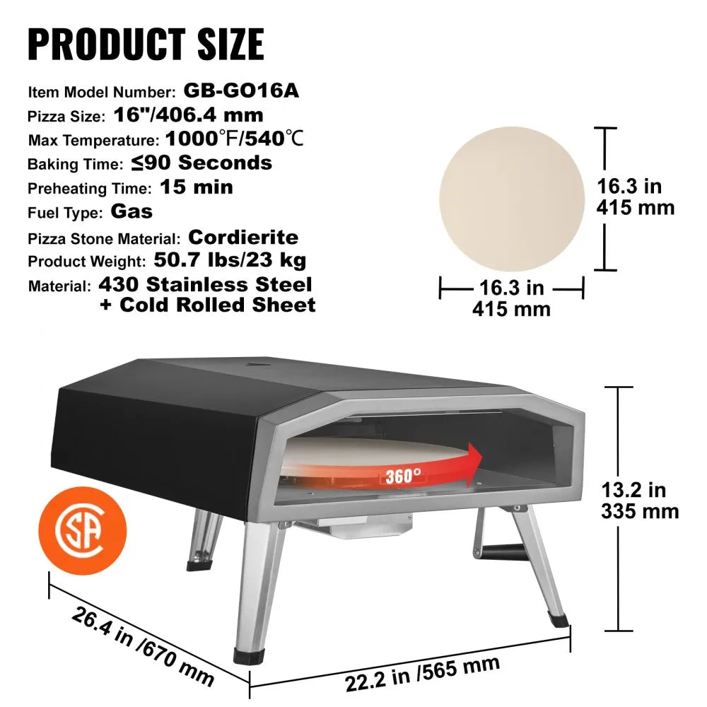 GB-GO16A - 16-Inch Stainless Steel Gas Pizza Oven for Backyard Cooking