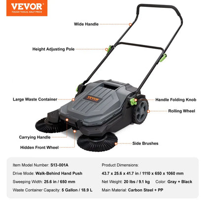 S13-001A - 25.6" Manual Floor Sweeper with Adjustable Handle