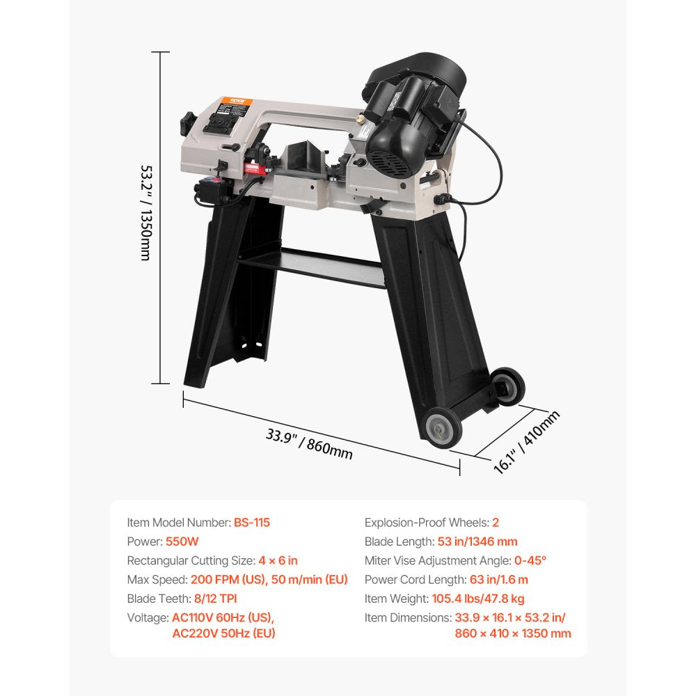 BS-115 - 4"x6" Metal Band Saw with 550W Motor & Variable Speed