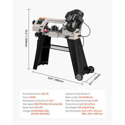 BS-115 - 4"x6" Metal Band Saw with 550W Motor & Variable Speed