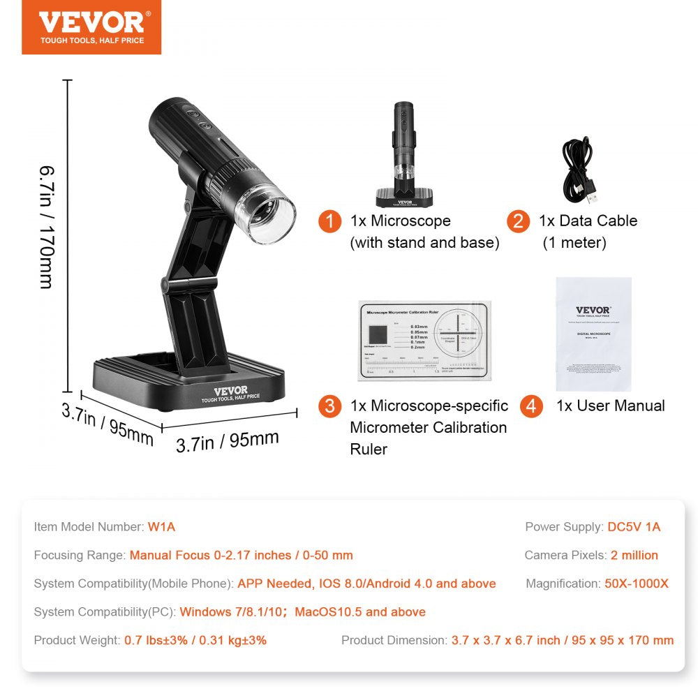 W1A - Wireless 50X-1000X Digital Microscope with Rechargeable Battery