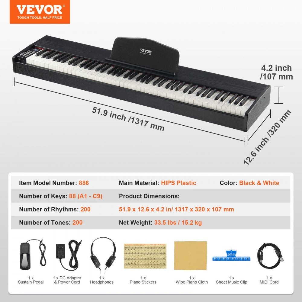 886 - VEVOR 88-Key Digital Piano with MIDI, Bluetooth & Sustain Pedal