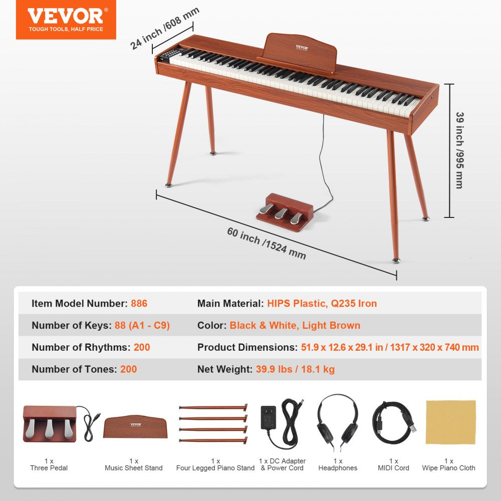 886 - 88 Key Digital Piano with 200 Tones & Stereo Sound