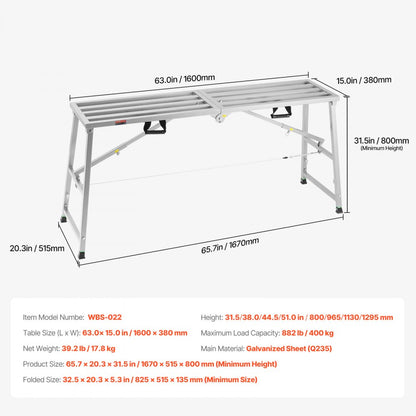 WBS-022 - Adjustable Scaffolding Platform, 880 lb Capacity, Foldable Design