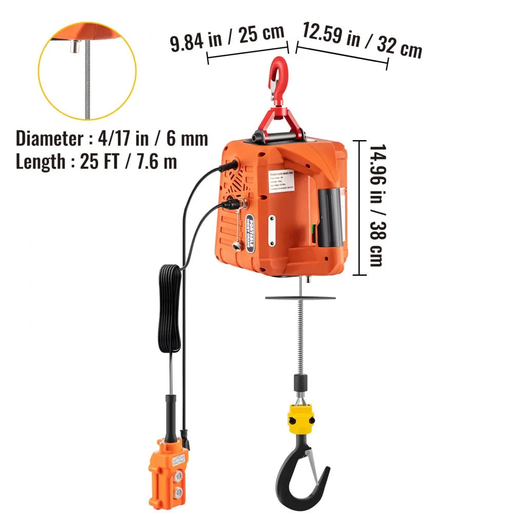 010856181487 - 1100lb Capacity Portable Electric Hoist with Remote Control